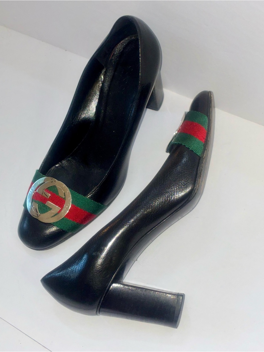 Gucci Marmont GG Logo Web Stripe Heels Black Leather Block Heel Pumps Size 7.5 M - Picture 4 of 9